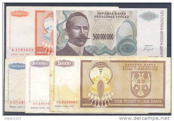 Republika Srpska Bosnia & Herzegovina Paper Money 5 Bills 1993 - Bosnie-Herzegovine