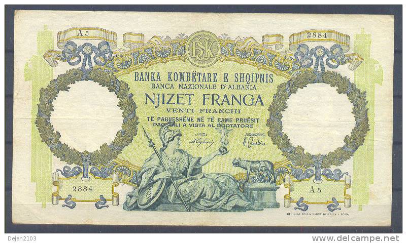 Albania Paper Money Bill 20 Franga USED - Albania