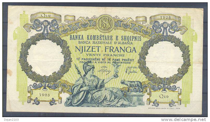 Albania Paper Money Bill Of 20 Franga 1939 - Albanien