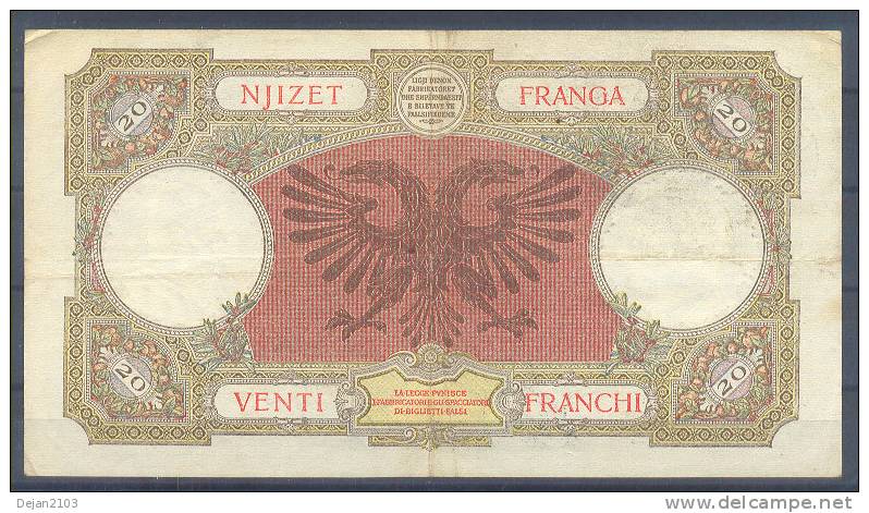 Albania Paper Money Bill Of 20 Franga 1939 - Albanien