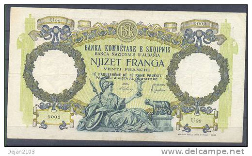 Albania Italy Occupation Paper Bill 20 Franga 1939 - Albania