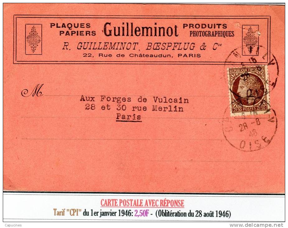 CERES DE MAZELIN - Affranchis. Carte Postale-réponse Avec Cérès 2,50 F (Tarif Du 1/1/1946) - 1945-47 Cérès De Mazelin