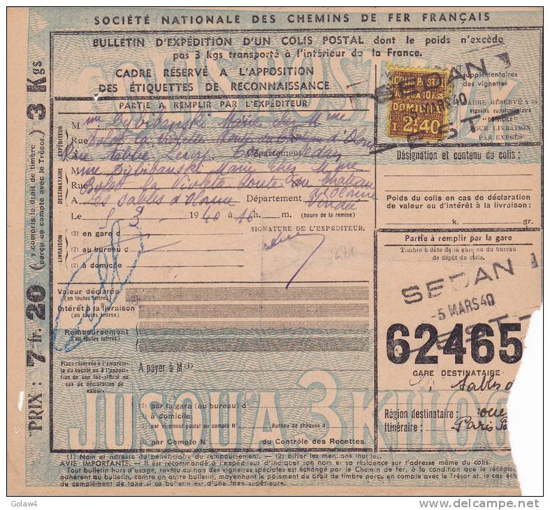 8671# COLIS POSTAUX Y&T N° 165 Obl SEDAN EST 1940 ARDENNES Pour LES SABLES D'OLONNE VENDEE - Storia Postale