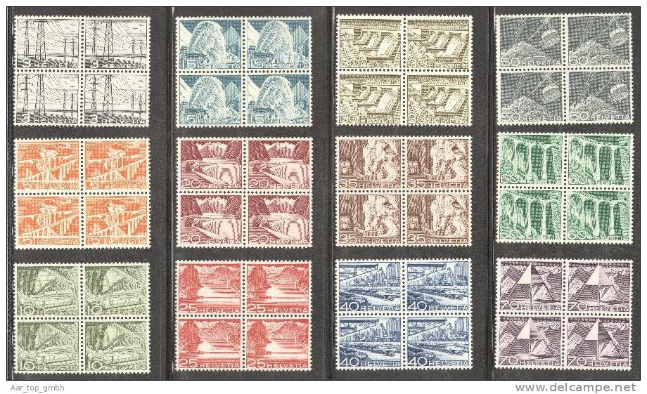 Schweiz 1949 Satz Technik+Landschaft Im Viererblock ** Postfrisch Zu#297-308 Mi#529-540 - Unused Stamps