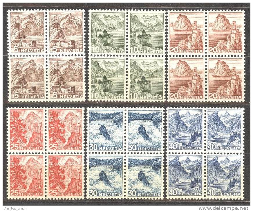 Schweiz 1948 Landschaften Satz Farbänderungen Im Viererblock ** Postfrisch Zu#285-290 Mi#500-505 - Unused Stamps