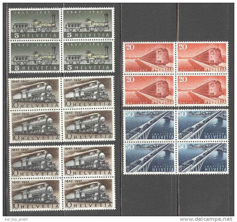 Schweiz 1947 Satz Satz 100 Jahre CH Eisenbahn Im Viererblock ** Postfrisch Mi#484-487+485b - Unused Stamps