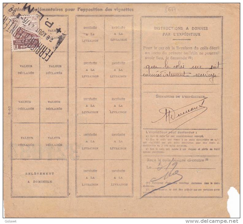 8677# COLIS POSTAUX Y&T N° 177 VALEUR DECLAREE Obl FERRIERES FONTENAY 1941 LOIRET Pour LUCON VENDEE - Storia Postale