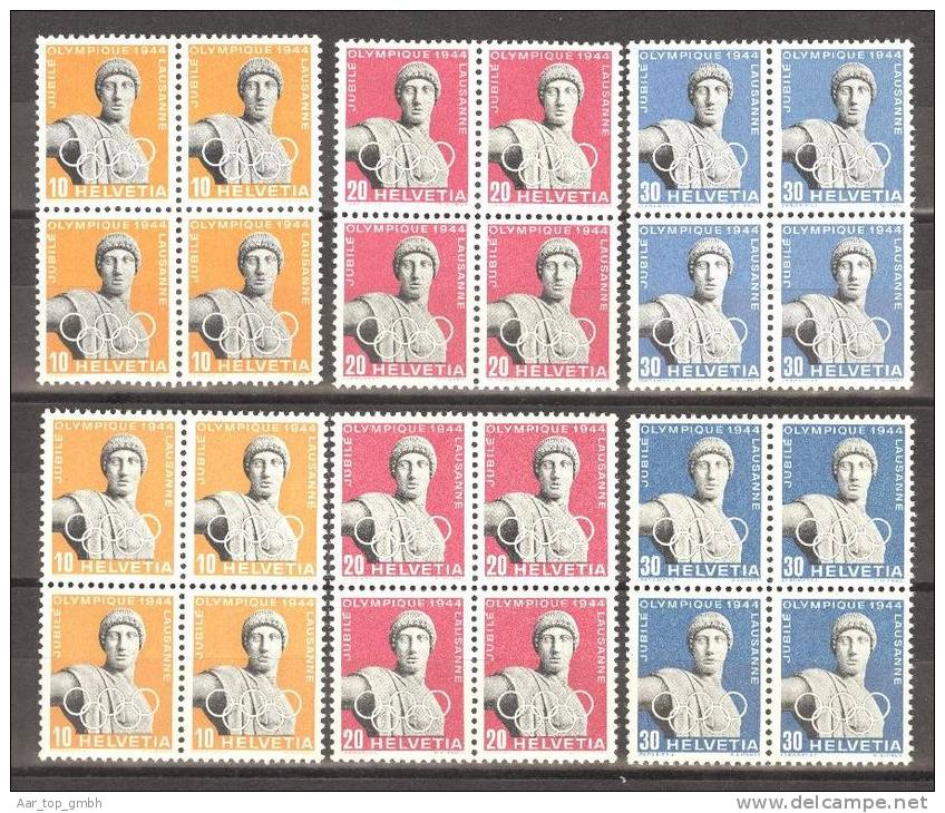 Schweiz 1945 50 Jahre Olympisches Komitee Satz Im Viererblock Beide Papiere ** Postfrisch Zu#259-261w, 259-261x, - Neufs