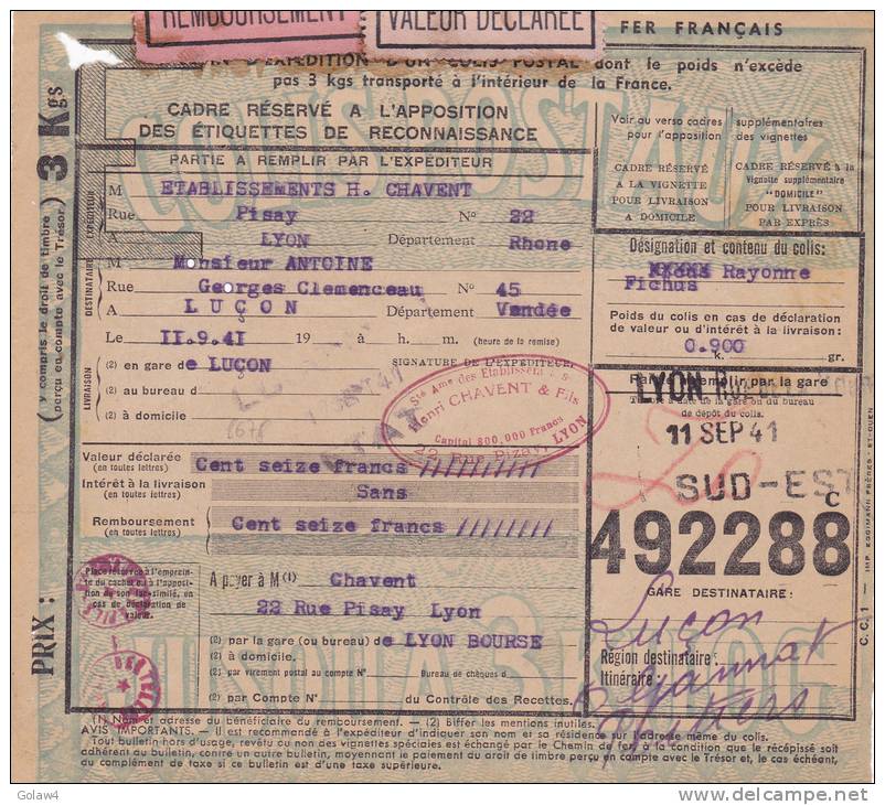 8678# COLIS POSTAUX Y&T N° 177 VALEUR DECLAREE REMBOURSEMENT Obl LYON RUE DE LA BOURSE 1941 RHONE Pour LUCON VENDEE - Storia Postale