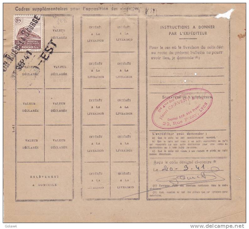 8678# COLIS POSTAUX Y&T N° 177 VALEUR DECLAREE REMBOURSEMENT Obl LYON RUE DE LA BOURSE 1941 RHONE Pour LUCON VENDEE - Covers & Documents