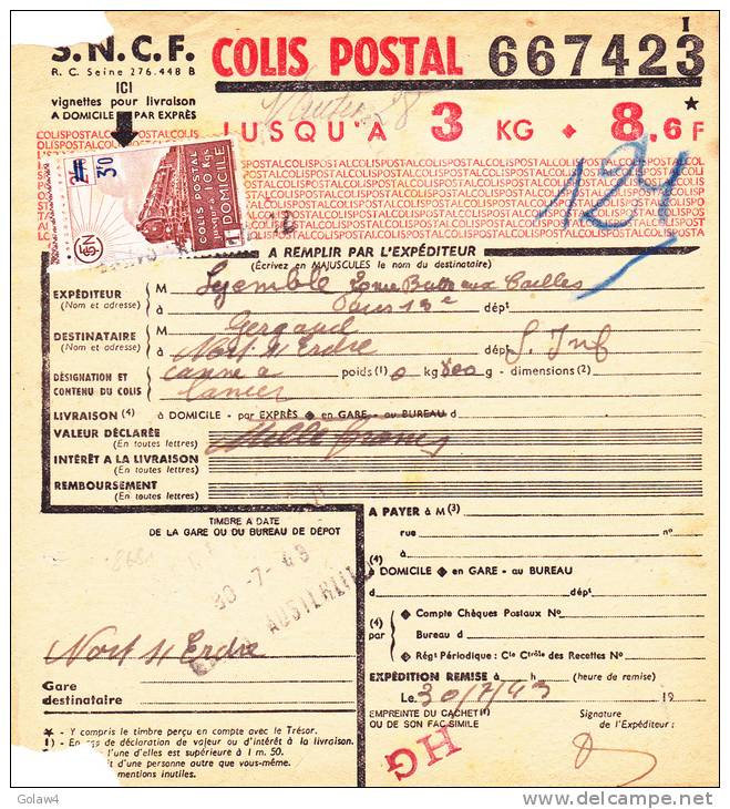 8681# COLIS POSTAUX Y&T N° 187 + 197 VALEUR DECLAREE Obl PARIS AUSTERLITZ 1943 LOIRE ATLANTIQUE Pour NORT - Briefe U. Dokumente