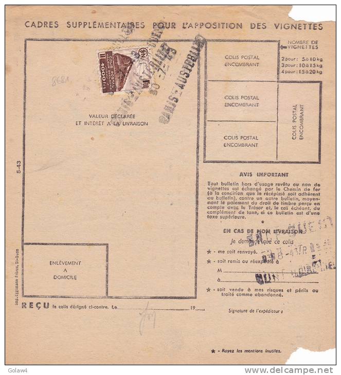 8681# COLIS POSTAUX Y&T N° 187 + 197 VALEUR DECLAREE Obl PARIS AUSTERLITZ 1943 LOIRE ATLANTIQUE Pour NORT - Covers & Documents