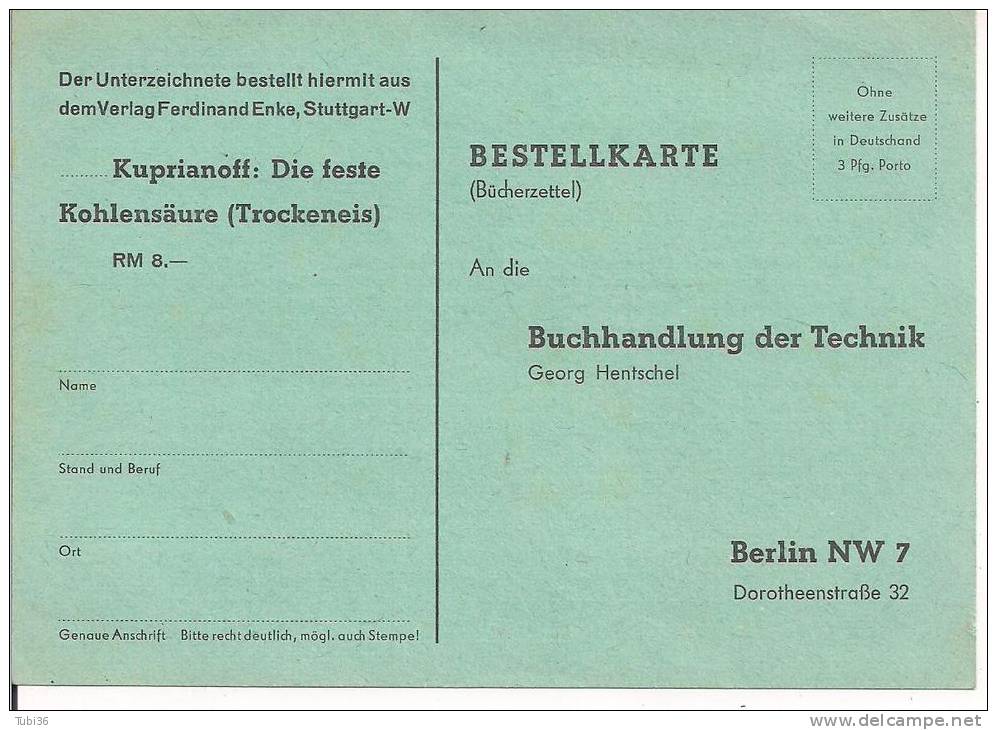 BESTELLKARTE, BUCHHANDLUNG DER  TECHNIK, BERLIN,DIE FESTE KOHLENSAURE, - Minerali