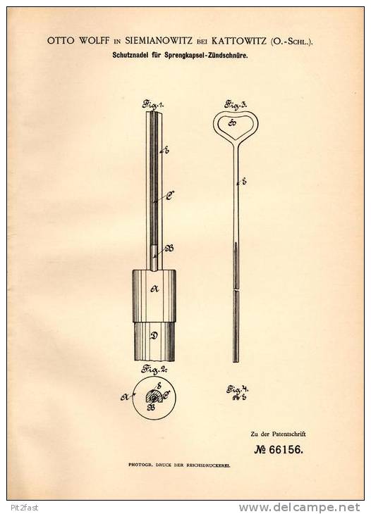 Original Patentschrift - O. Wolff In Siemianowitz B. Kattowitz , O.-Schl.,1891, Sprengkapsel - Schutznadel , Sprengstoff - Historische Dokumente