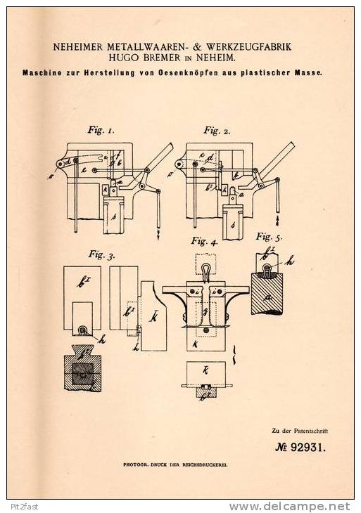 Original Patentschrift - Hugo Bremer In Neheim , 1896 , Maschine Zur Knopf - Herstellung, Knöpfe !!! - Maschinen