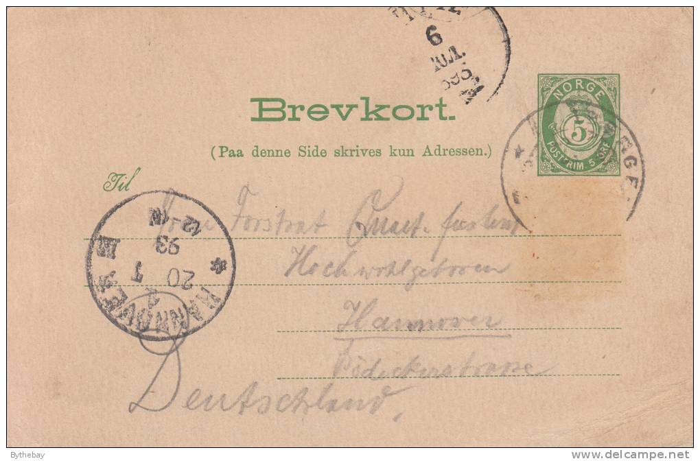 Norway Pre-printed Postal Card 5o Posthorn, Green Postmarked 1893 - Postal Stationery