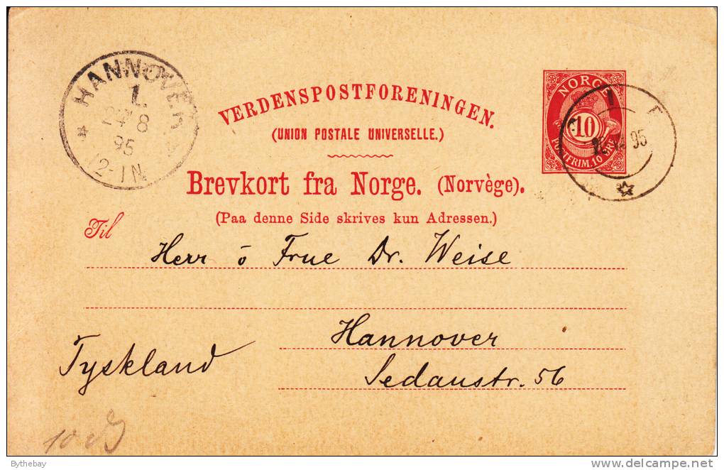 Norway Pre-printed Postal Card 10o Posthorn, Carmine Postmarked 1895 - Interi Postali