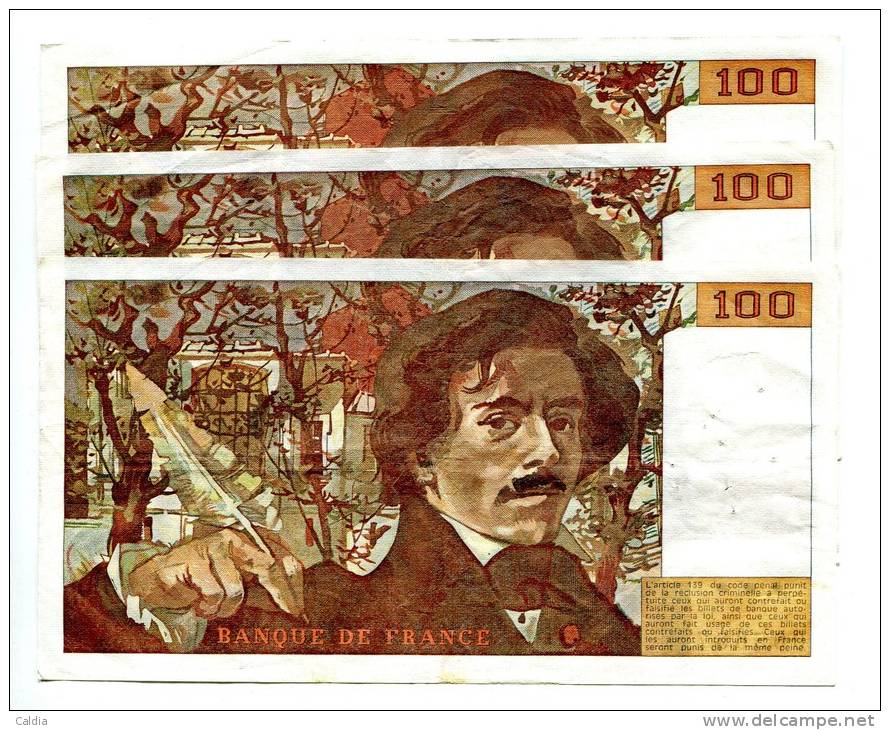 P France 100 Francs "" DELACROIX "" 1982 X 3 - 100 F 1978-1995 ''Delacroix''