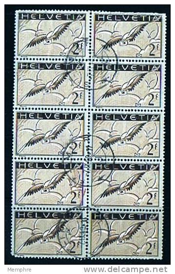 1933    2 Fr. Pigeon Superbe Bloc De 10  Gomme Grillée  Zum 13z   Oblitérations Centrales - Used Stamps