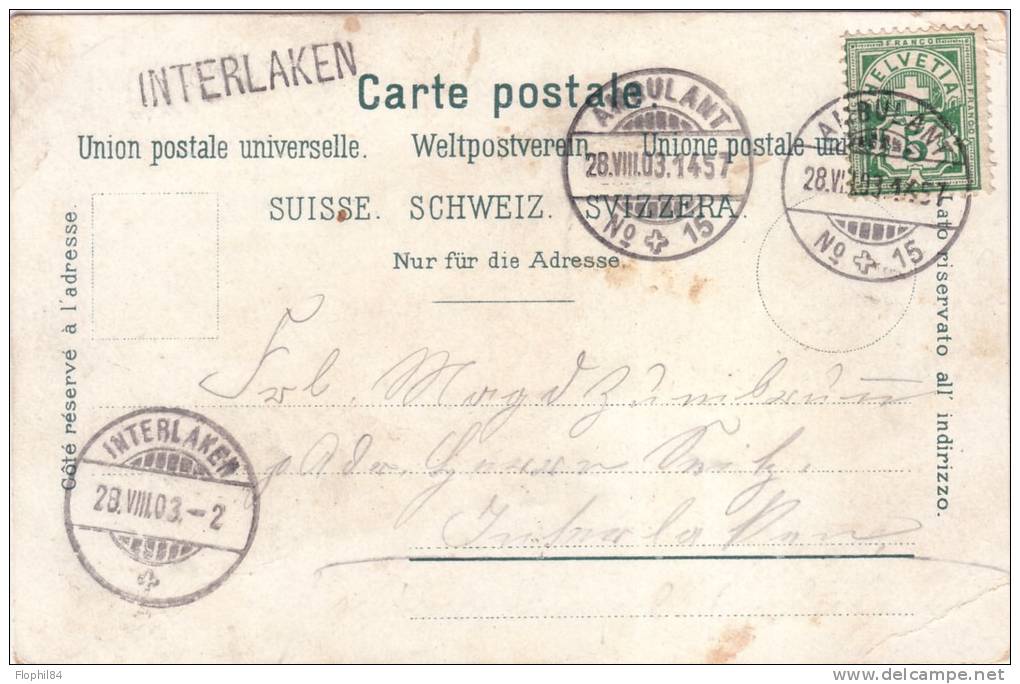 SUISSE-AMBULANT N°1 LE 28-08-1903 GRIFFE LINEAIRE INTERLAKEN. - Poststempel