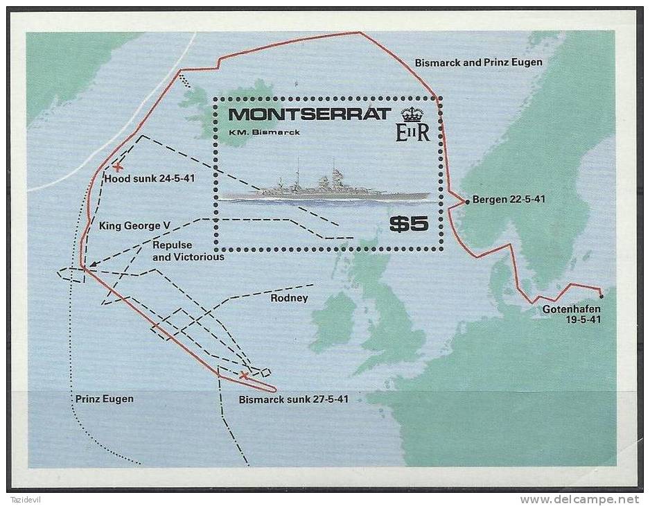 MONTSERRAT - 1990 World War II Battle Ships Souvenir Sheet. Scott 735. MNH ** - Montserrat