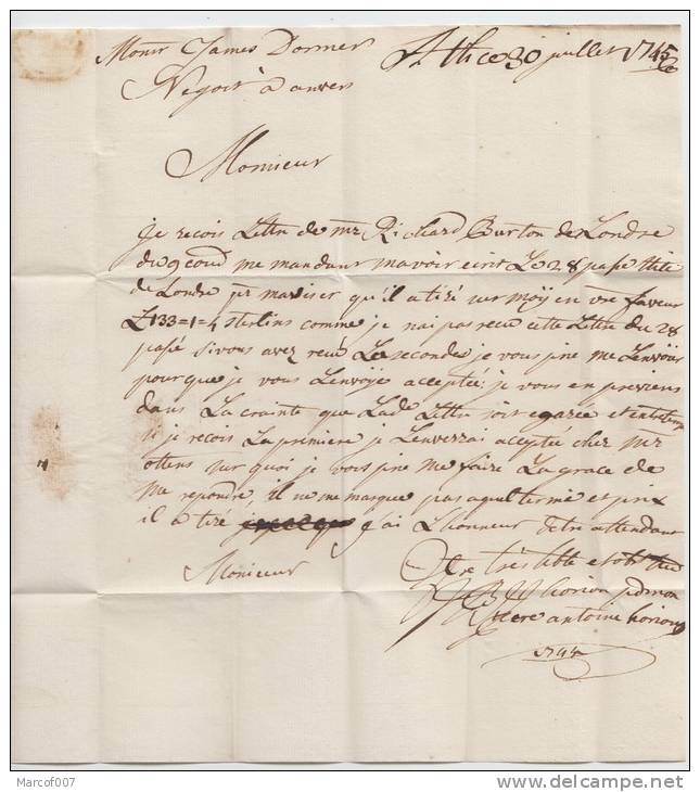 LETTRE PRECURSEUR DE ATH VERS ANVERS + GRIFFE NOIR - 1745 - 1714-1794 (Oesterreichische Niederlande)