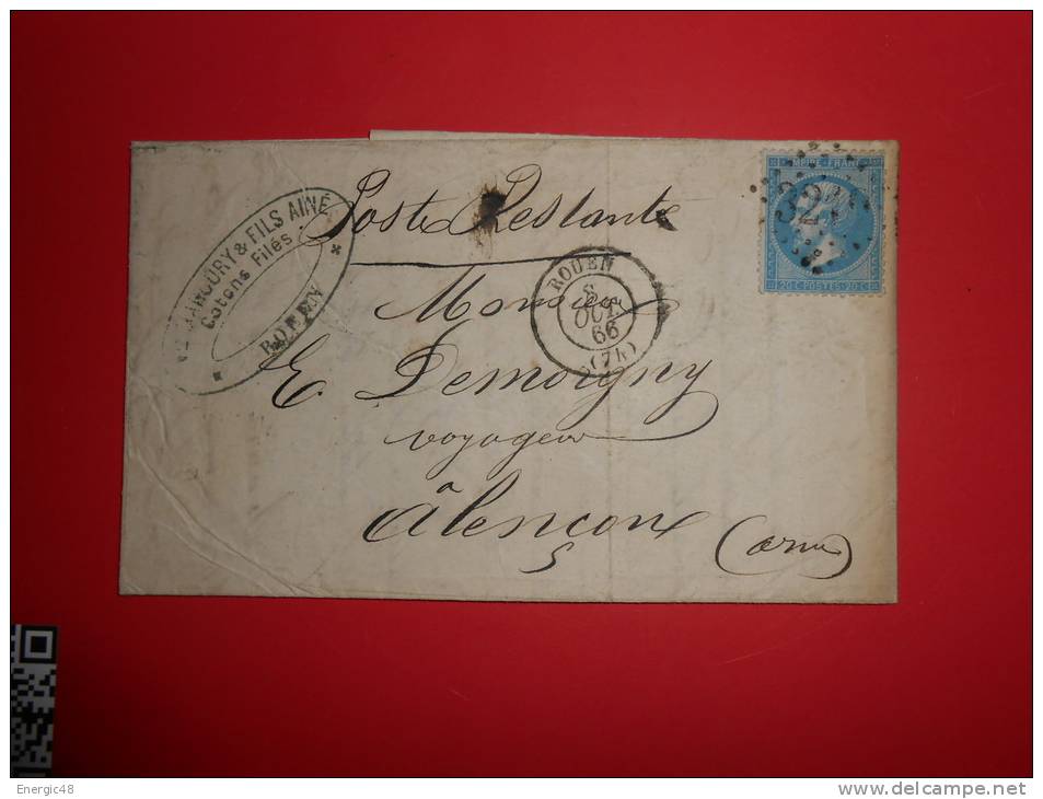 C39lettre De  Rouen Poste Restante Pour Alencon,par Paris,,VERSO - 1862 Napoleon III