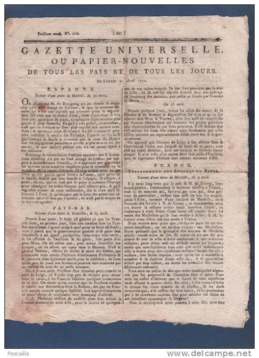 GAZETTE UNIVERSELLE OU PAPIER NOUVELLES 21 04 1792 - BRUXELLES - MARSEILLE ARLES - DECLARATION DE GUERRE - - Giornali - Ante 1800