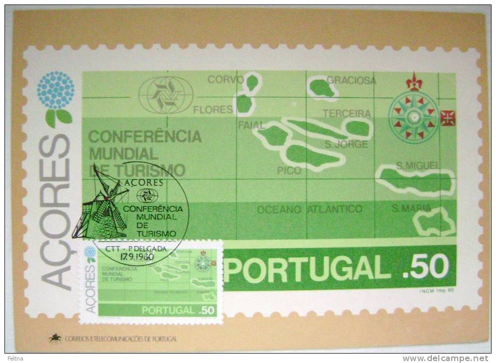 1980 AZORES ACORES PORTUGAL WORLD TOURISM CONFERENCE MAXIMUM CARD 1 - Cartes-maximum (CM)
