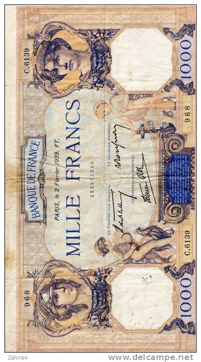 968  Banque De France  C.6139  - Paris Le 2 Févier 1939. FT. - 1000 Francs - 1 000 F 1927-1940 ''Cérès Et Mercure''