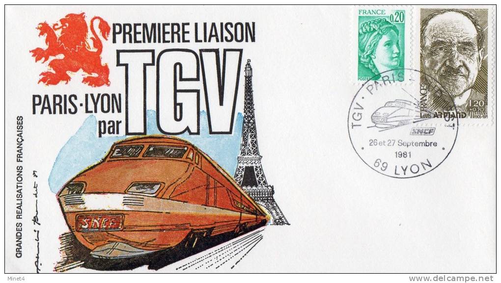 Enveloppe 1er Jour Premiere Liaison PARIS LYON PAR TGV 26ET 27 SEPT 1981 - Railway