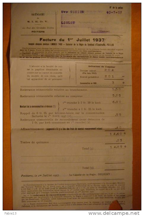 86 - LIGLET CACHET POSTE - POITIERS - FACTURE D'ELECTRICITE DU 1er JUILLET 1937 - Elektriciteit En Gas