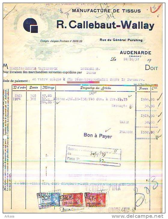 Audenarde - 1937- R. Callebaut-Wallay - Manufacture De Tissus - Vestiario & Tessile