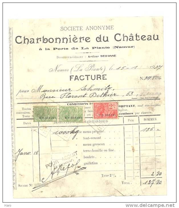 NAMUR - Facture De La SA Charbonière Du Château 1915 - 1900 – 1949