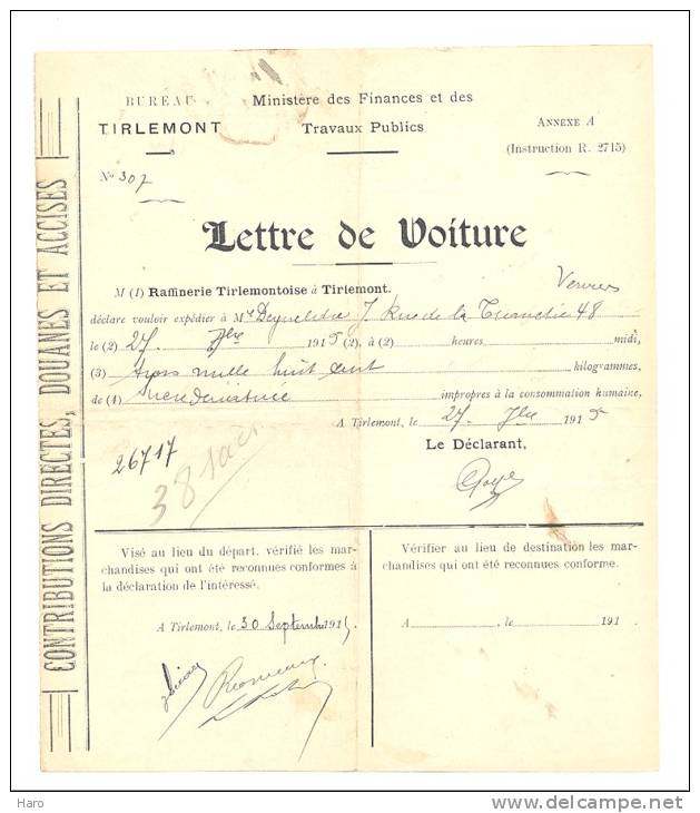 TIENEN - TIRLEMONT - Lettre De Voiture Pour Expédition De Sucre 1915 - 1900 – 1949