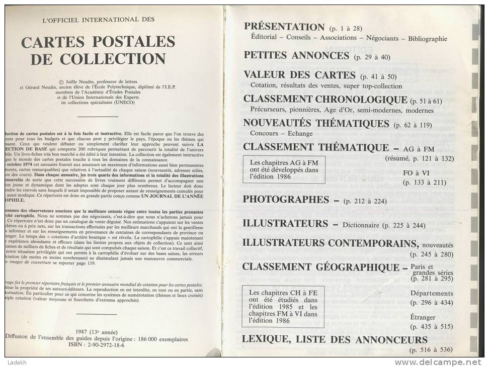 CATALOGUE   ANNUAIRE CARTES POSTALES  NEUDIN # RÉPERTOIRE MONDIAL 1987 # 536 PAGES # COTATION CLASSEMENT  CHRONOLOGIQUE - Boeken & Catalogi