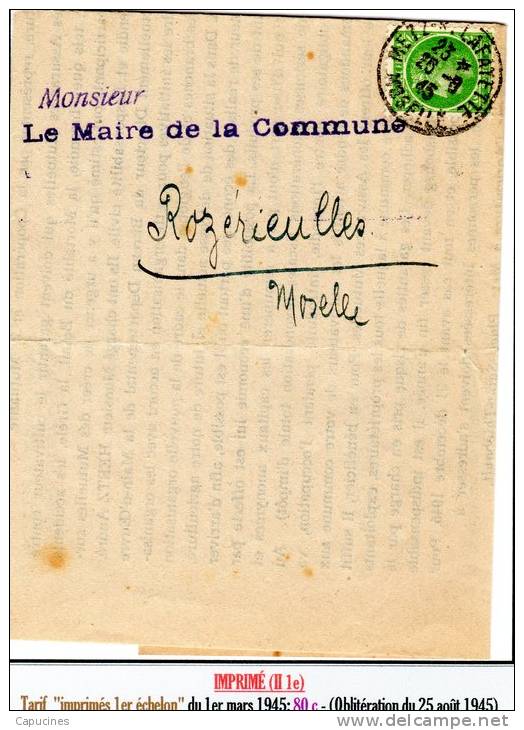 CERES DE MAZELIN - 80c VERT: Sur Imprimé (tarif Imprimé Du 1/03/45) - 1945-47 Ceres De Mazelin