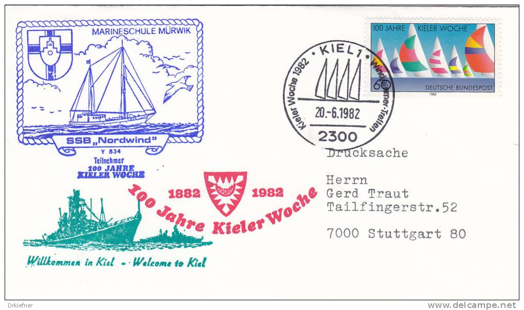 Marine Schiffspost: Segelschulboot "Nordwind" Y 834, 100 J. Kieler Woche, PostStempel: Kiel Windjammer-Treffen 20.6.1982 - Schiffahrt