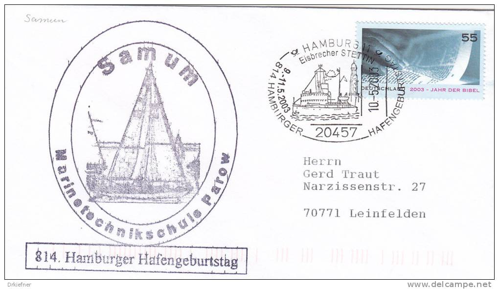 Marine Schiffspost: Segelboot "Samum", Marinetechnikschule Parow, PostSoStempel: Hamburg Eisbrecher Stettin 10.5.2003 - Schiffahrt