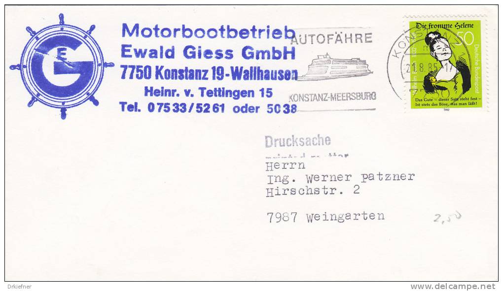 Bodenseeschiffspost  Motorbootbetrieb Ewald Giess, Stempel: Meersburg 21.8.1985, Autofähre - Schiffahrt