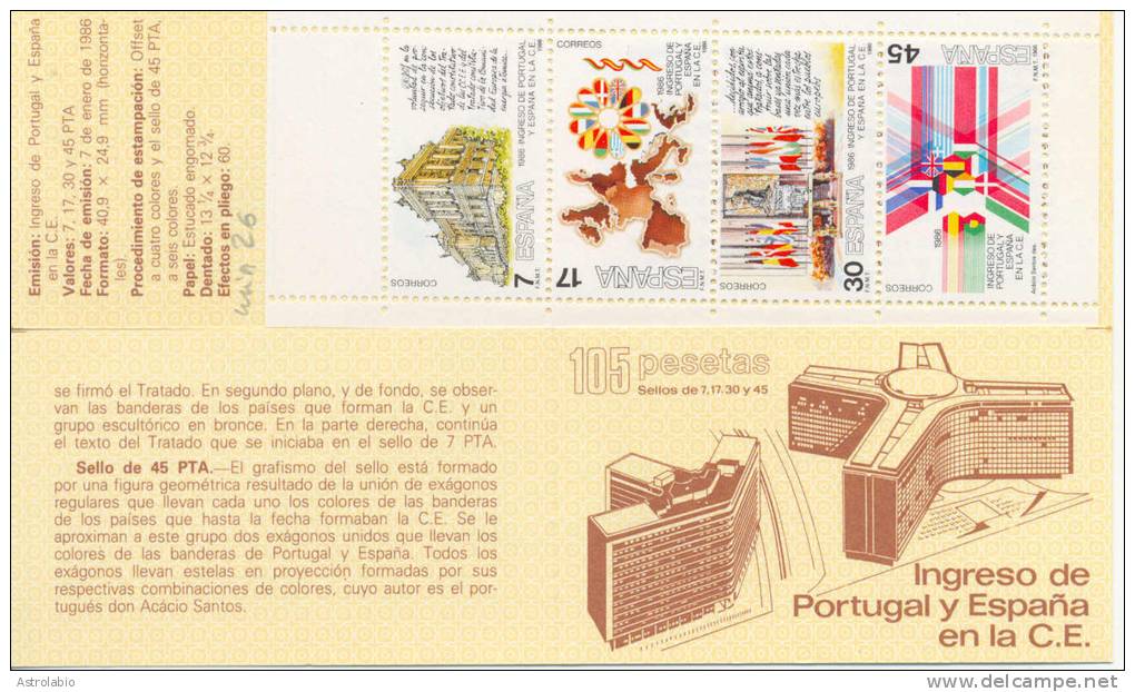 A Le Faciale " Entrée De L ´Espagne Et Du Portugal A La C.E.E. " Espagne 1986 Carnet Yvert 2444/7 - Europese Instellingen