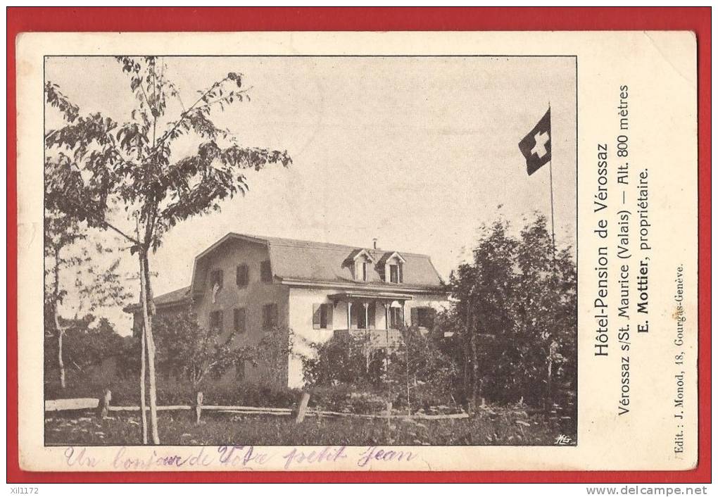 Y0049 Vérossaz Sur St.Maurice,Hôtel-Pension ,Mottier Propr.Cachet 1913.Léger Pli Sup. Droit. Monod 18 - Saint-Maurice