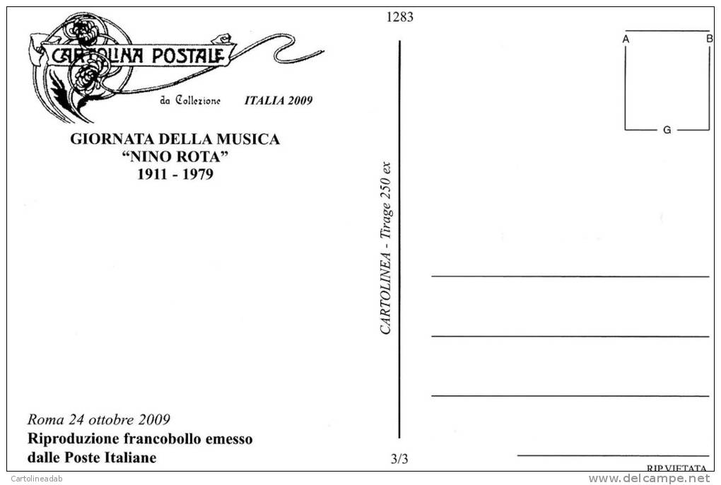 [DC1283] CARTOLINEA - GIORNATA DELLA MUSICA "NINO ROTA" 1911-1979 - RIPRODUZIONE DEL FRANCOBOLLO EMESSO (3 DI 3) - Altri & Non Classificati