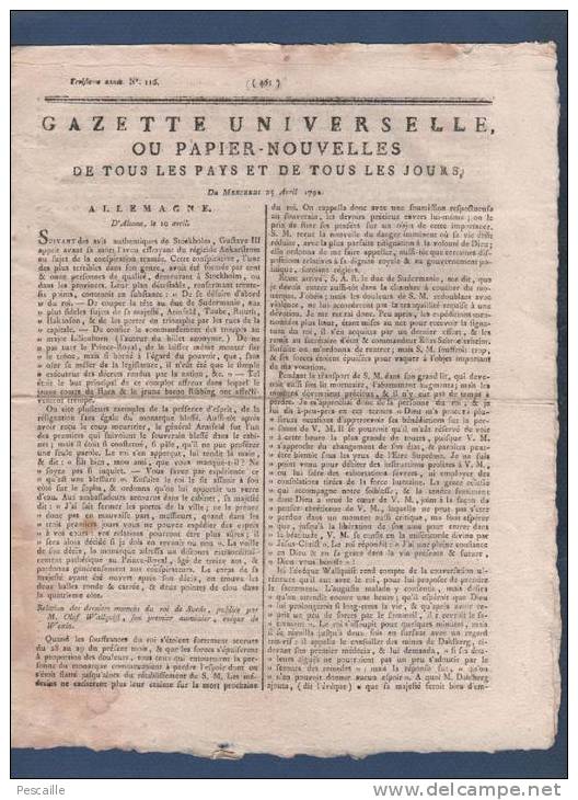 GAZETTE UNIVERSELLE OU PAPIER NOUVELLES 25 04 1792 - SUEDE ASSASSINAT ROI GUSTAVE III - AMIENS - METZ - PASSY - MONNAIE - Zeitungen - Vor 1800
