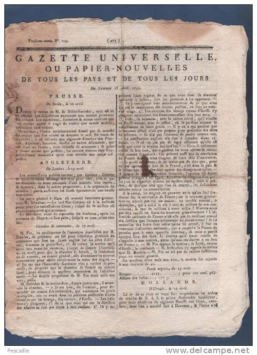 GAZETTE UNIVERSELLE OU PAPIER NOUVELLES 28 04 1792 - LONDRES ECOSSE - BERNE - STRASBOURG - TURIN - - Periódicos - Antes 1800