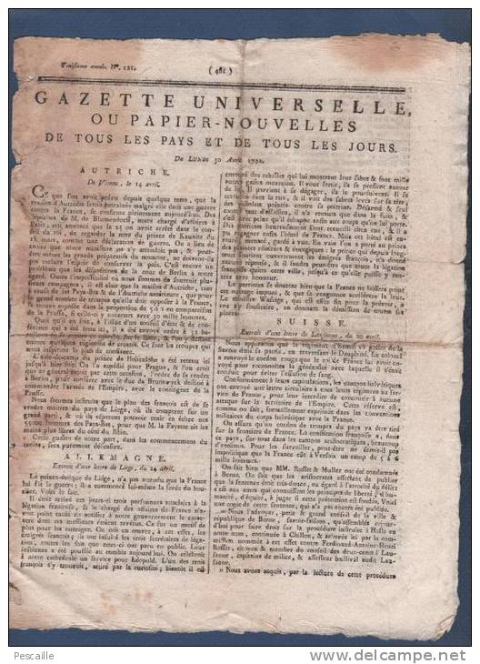 GAZETTE UNIVERSELLE OU PAPIER NOUVELLES 30 04 1792 - LIEGE - LAUSANNE BERNE - METZ - BELGES - LA FAYETTE ROBESPIERRE - Kranten Voor 1800