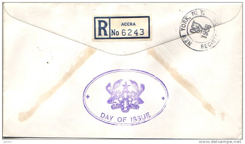 FDC Recommandée Des Timbres United Nations Day Du 24/10/1958, De Accra, Ghana Vers New York - Ghana (1957-...)