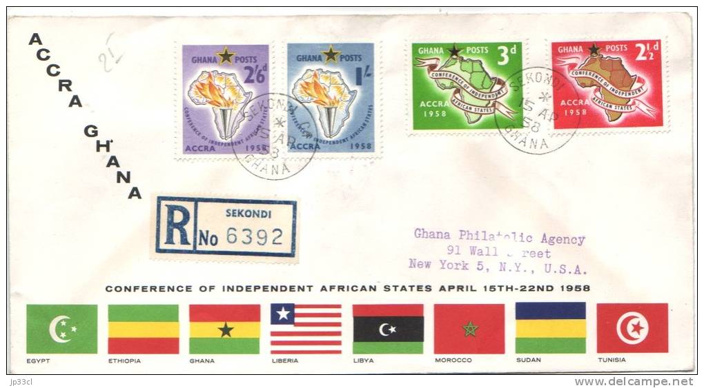 FDC Recommandée Des Timbres Conference Of Independant African States Du 15/4/1958, De Sekondi, Ghana Vers New York - Ghana (1957-...)