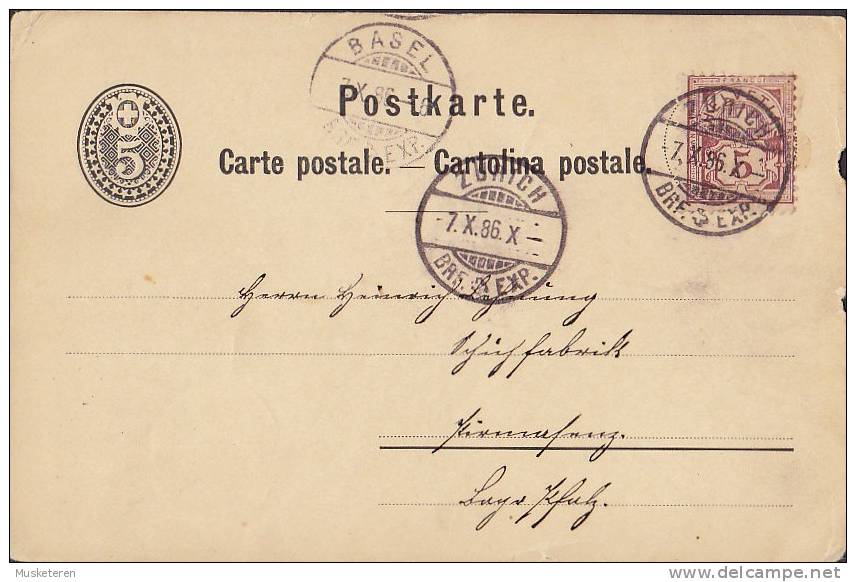 Switzerland Uprated Postal Stationery Ganzsache Entier ZÜRICH 1886 To PIRMASENS Germany (2 Scans - Entiers Postaux