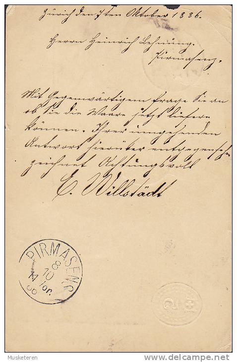 Switzerland Uprated Postal Stationery Ganzsache Entier ZÜRICH 1886 To PIRMASENS Germany (2 Scans - Entiers Postaux